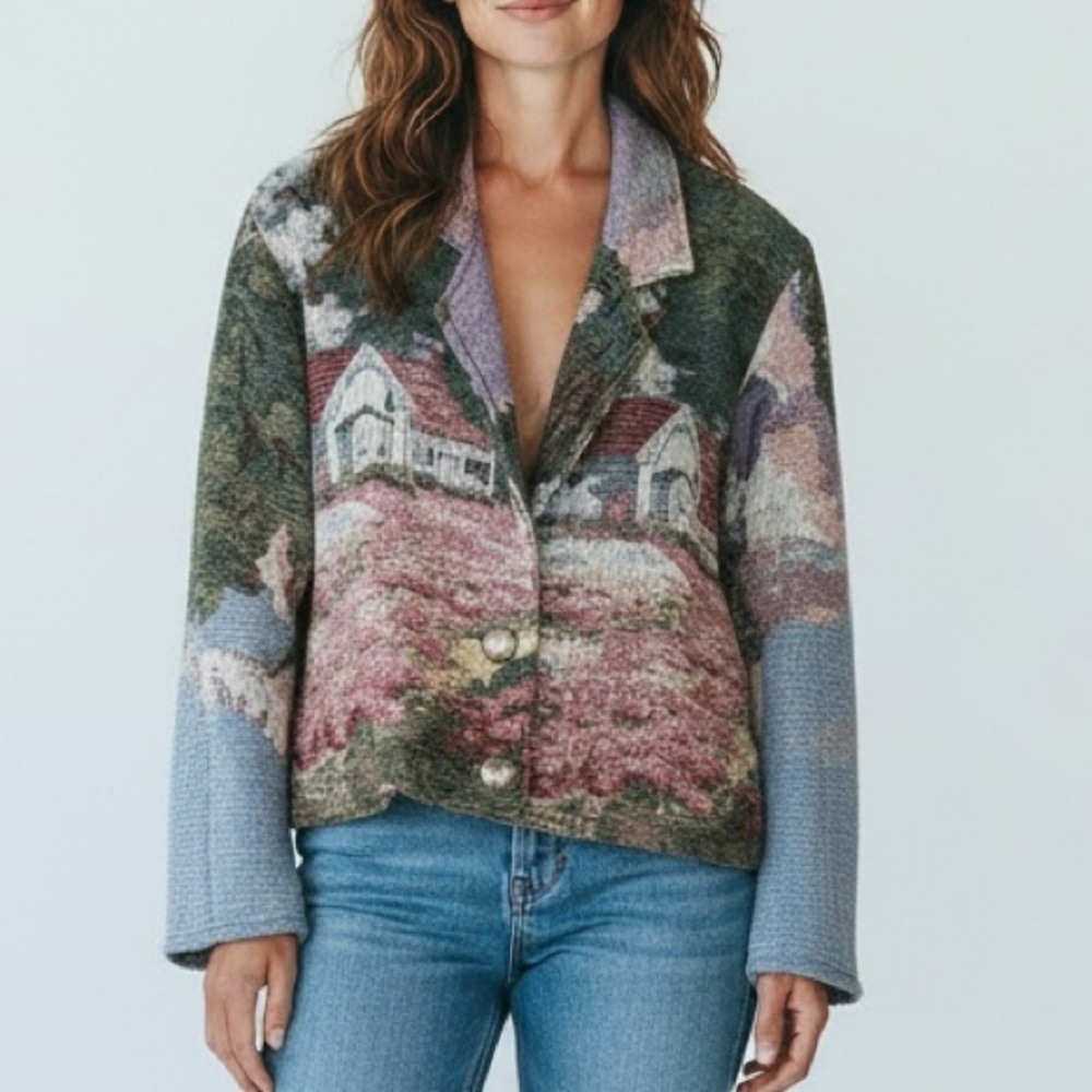 PAINTED PONY Vintage Tapesty Blanket Cropped Jacket Country Cottage Size M - Picture 2 of 15